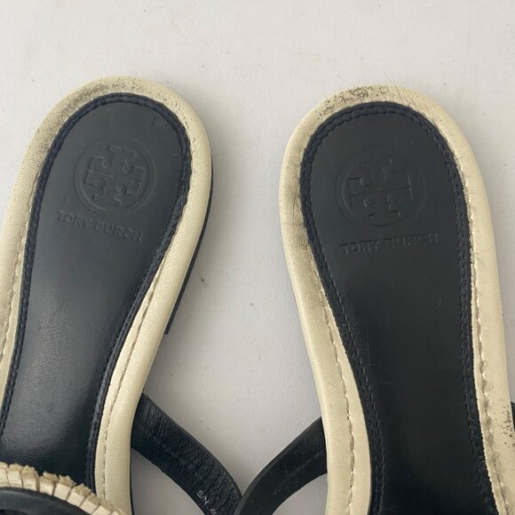 Tory Burch Miller Fringe Sandals Shoes Black White - Picture 6 of 10